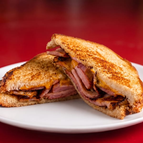 Grilled ham and cheese sandwich, cut in half, on a white plate against a red background.