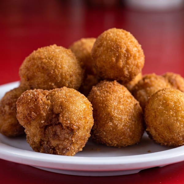 A white plate filled with golden-brown, breaded, fried croquettes on a vibrant red surface.