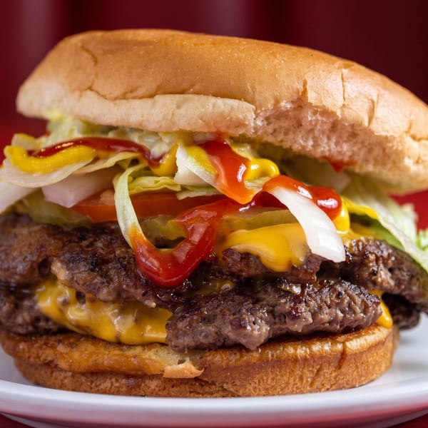 A double cheeseburger with lettuce, tomato, onion, mustard, and ketchup on a white plate.