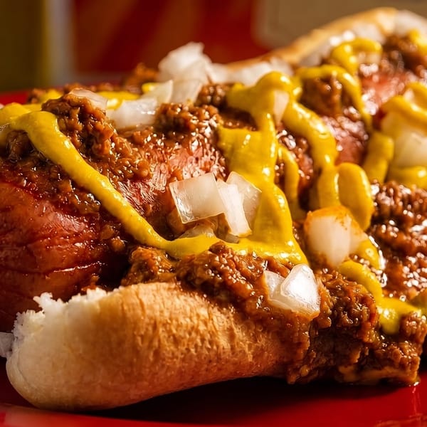A chili dog with mustard and diced onions on a red plate.