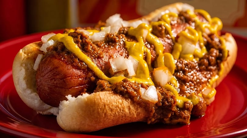 A chili dog with mustard and diced onions on a red plate.