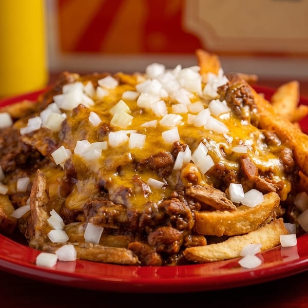 Chili cheese fries with diced onions on a red plate, with condiment bottles in the background.