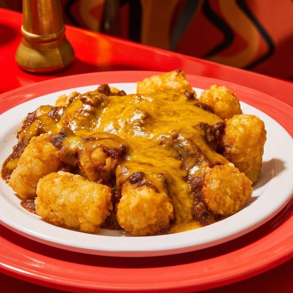 A plate of chili cheese tater tots on a red table with brass candle holders.