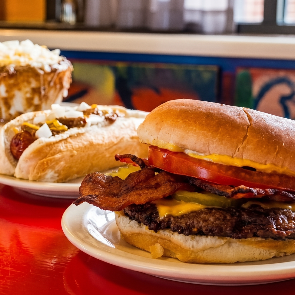 A bacon cheeseburger, hot dog, and chili cheese fries on a red table.
