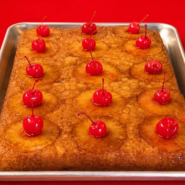 A pineapple upside-down cake with maraschino cherries on top, in a metal baking pan.