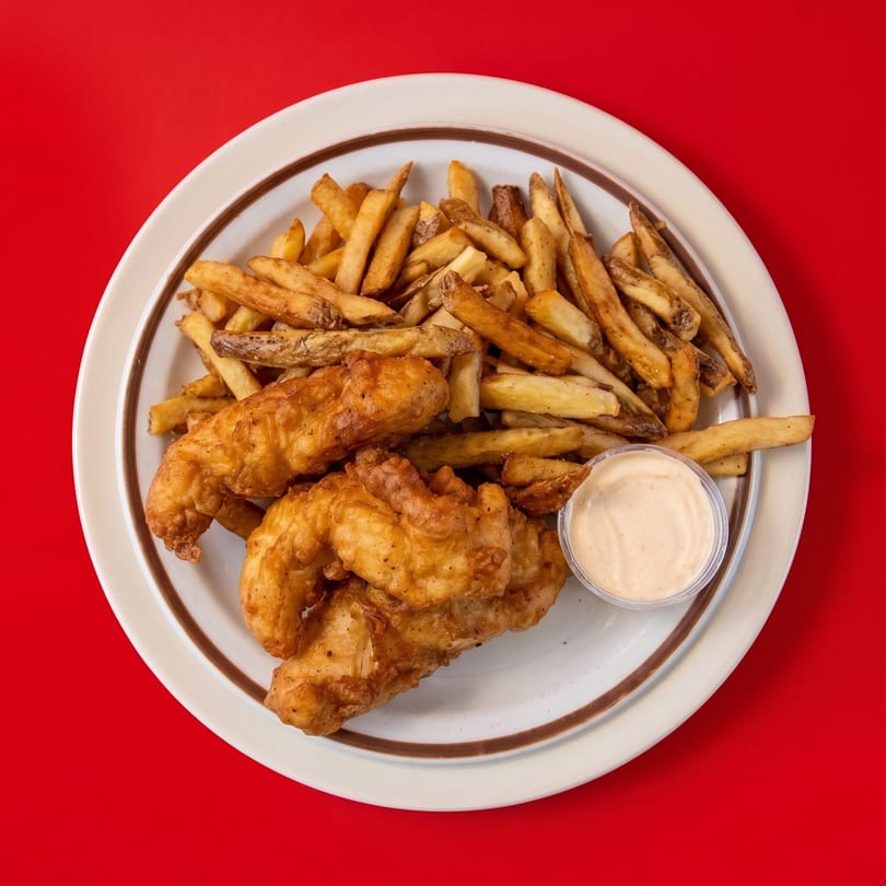 A plate of golden-brown fried chicken tenders, french fries, and a side of dipping sauce.