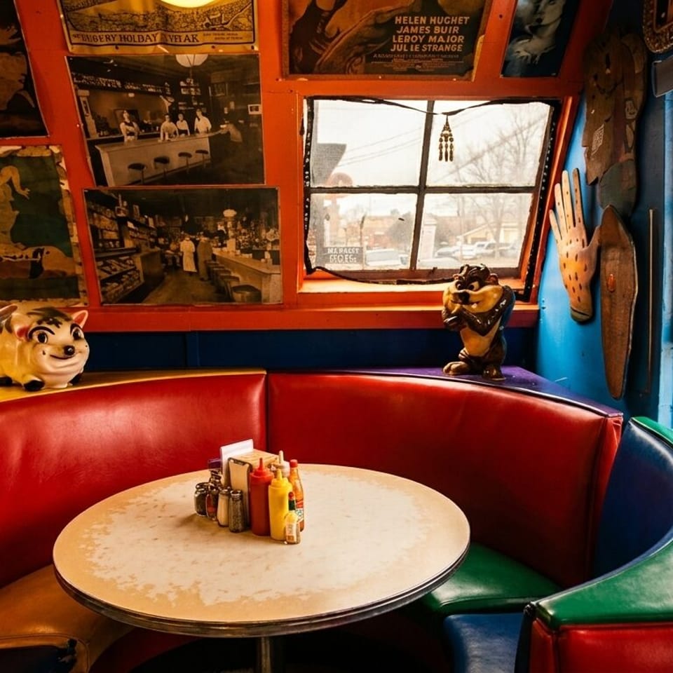 A colorful diner booth with red and blue seating, a round table, and vintage decor.
